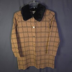 Anne Klein Faux Fur Collar Knit Button Down Duster Size Small‎ Black Tan Plaid